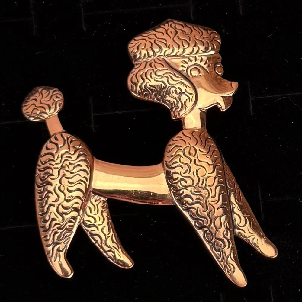 Vintage Etched Copper Poodle Dog Brooch Pin